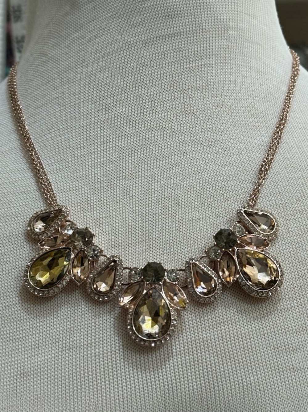 Bella Rose Gold Tone Statement Necklace Champagne Olive Crystal